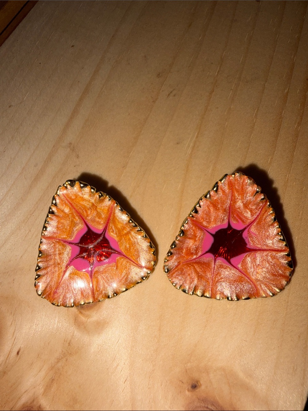Vintage Triangular Post Back Statement Earrings "Starburst" Red and Pink